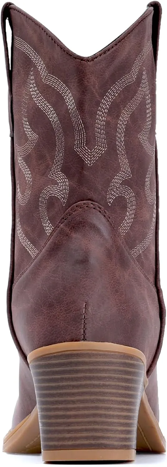 IXU Cowboy Boots for Women Suede Ankle Western Cowgirl Boots Mid Calf Pointed Toe Short Chunky Classic Booties