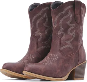 IXU Cowboy Boots for Women Suede Ankle Western Cowgirl Boots Mid Calf Pointed Toe Short Chunky Classic Booties