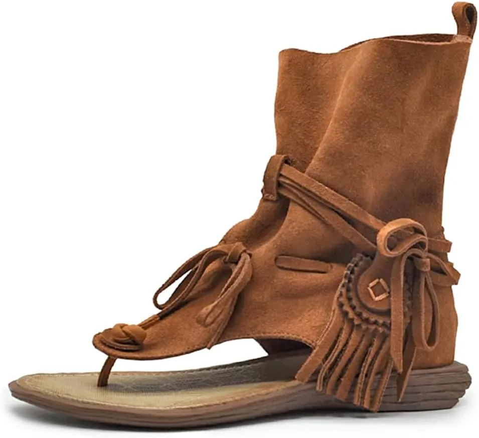 JANSEVEN Women’s Genuine Leather Flip Flops Sandals Bohemian Fringe Boots Tassel Ankle Boot Comfortable Flats Suede Soft Summer Shoes