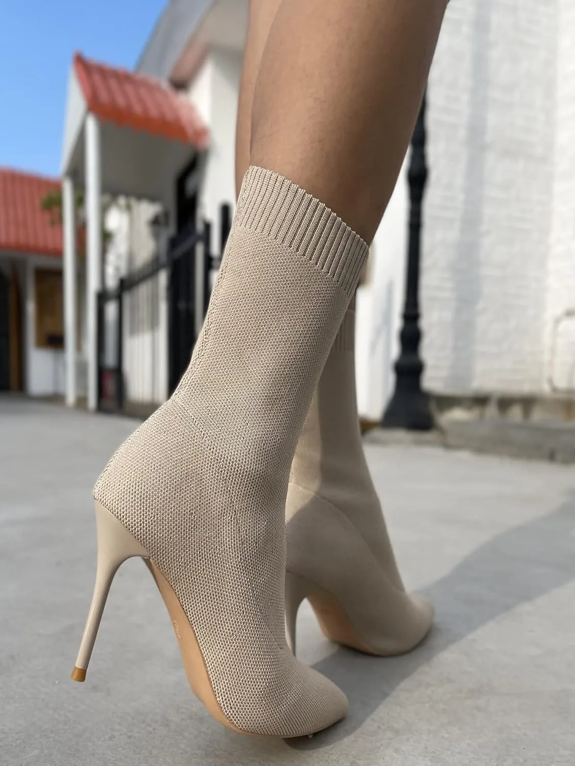 Jeesay Women's Sexy Pointed Toe Sock Ankle Boots Stiletto High Heels Mid Calf Booties Stretch Knit Shoes Warm…