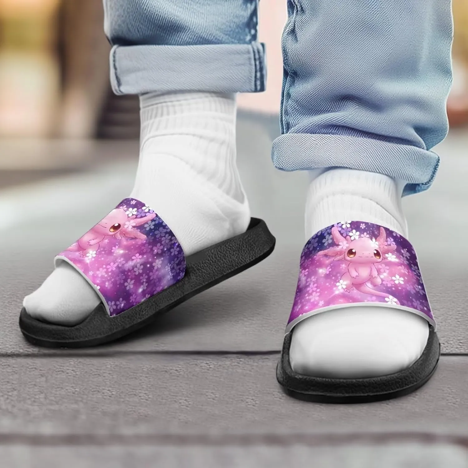 Jeiento Boys Slide Sandals Cartoon Children Open Toe Beach Slides Indoor Outdoor Axolotl Slippers Lightweight Anti Slip Pool Shower Shoes