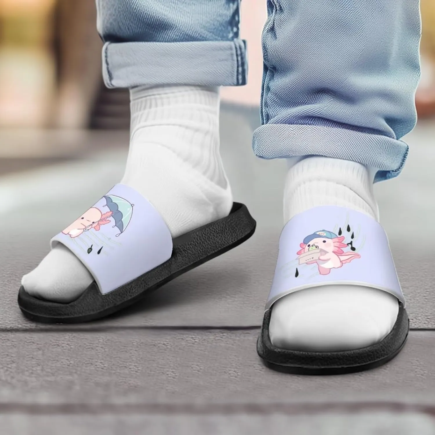 Jeiento Boys Slide Sandals Cartoon Children Open Toe Beach Slides Indoor Outdoor Axolotl Slippers Lightweight Anti Slip Pool Shower Shoes
