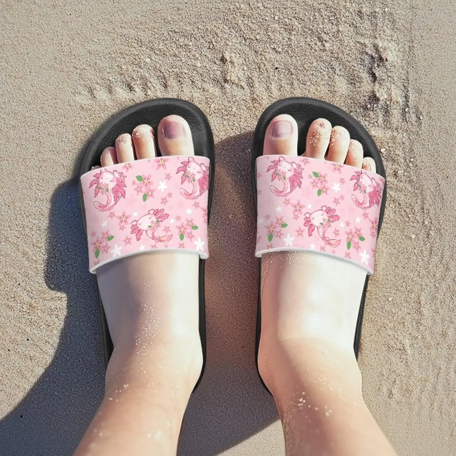 Jeiento Boys Slide Sandals Cartoon Children Open Toe Beach Slides Indoor Outdoor Axolotl Slippers Lightweight Anti Slip Pool Shower Shoes