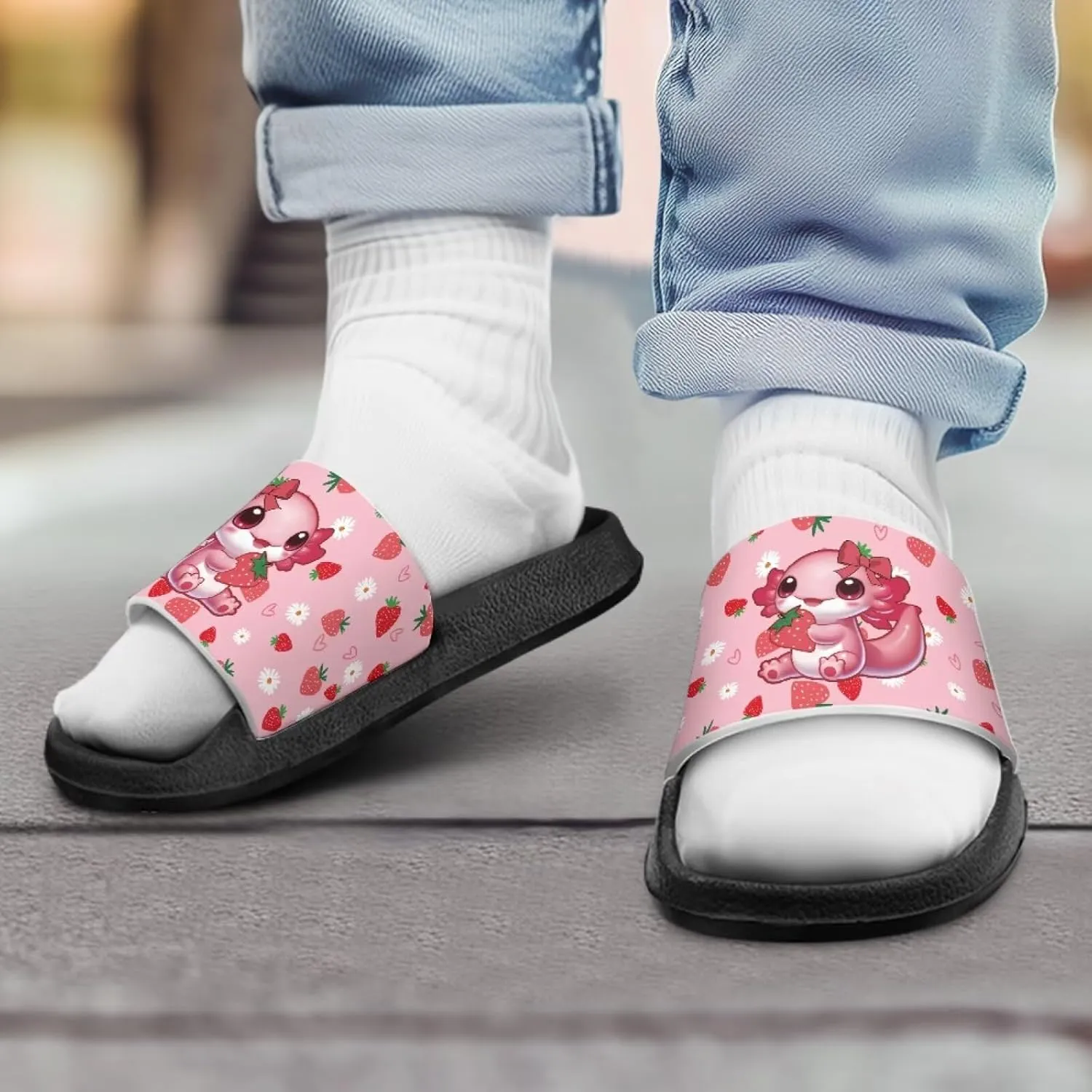 Jeiento Boys Slide Sandals Cartoon Children Open Toe Beach Slides Indoor Outdoor Axolotl Slippers Lightweight Anti Slip Pool Shower Shoes