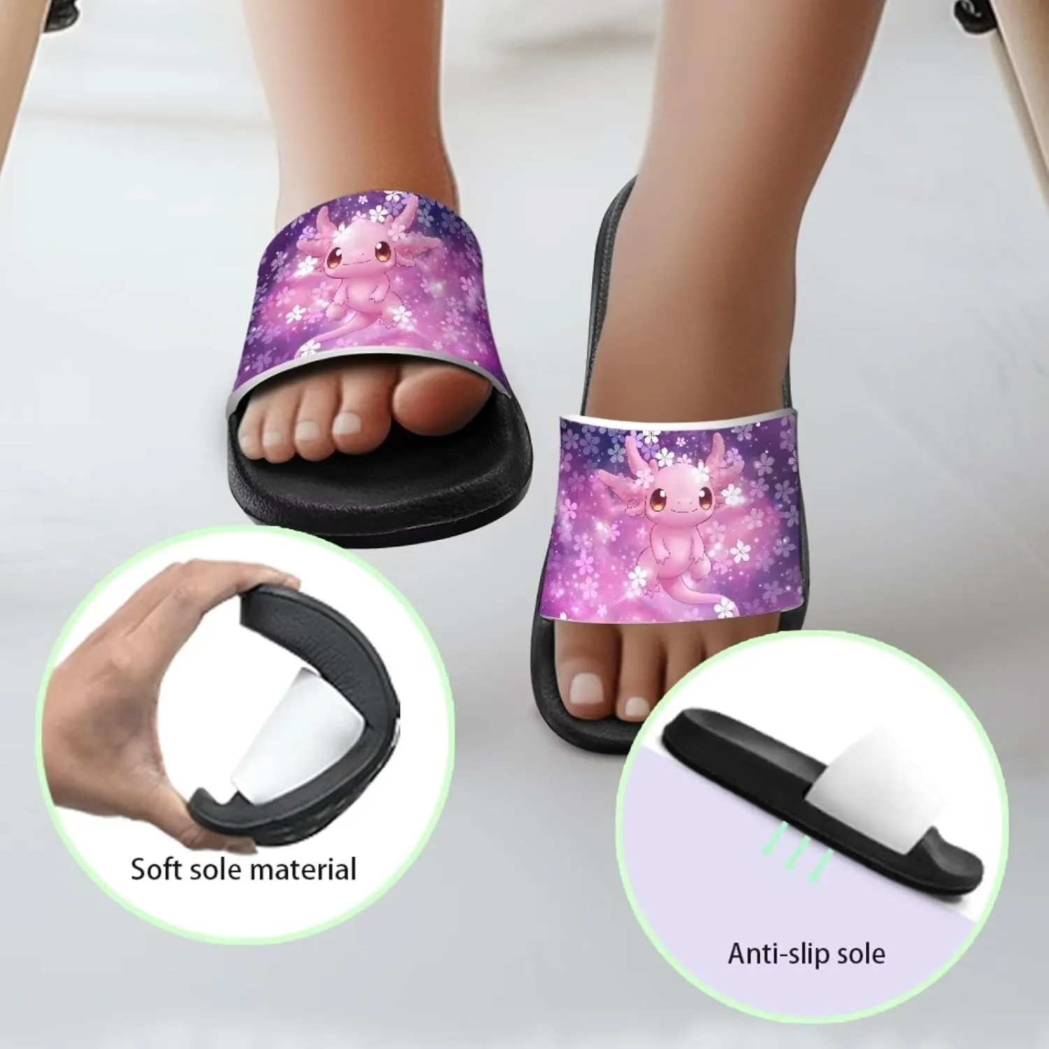 Jeiento Boys Slide Sandals Cartoon Children Open Toe Beach Slides Indoor Outdoor Axolotl Slippers Lightweight Anti Slip Pool Shower Shoes