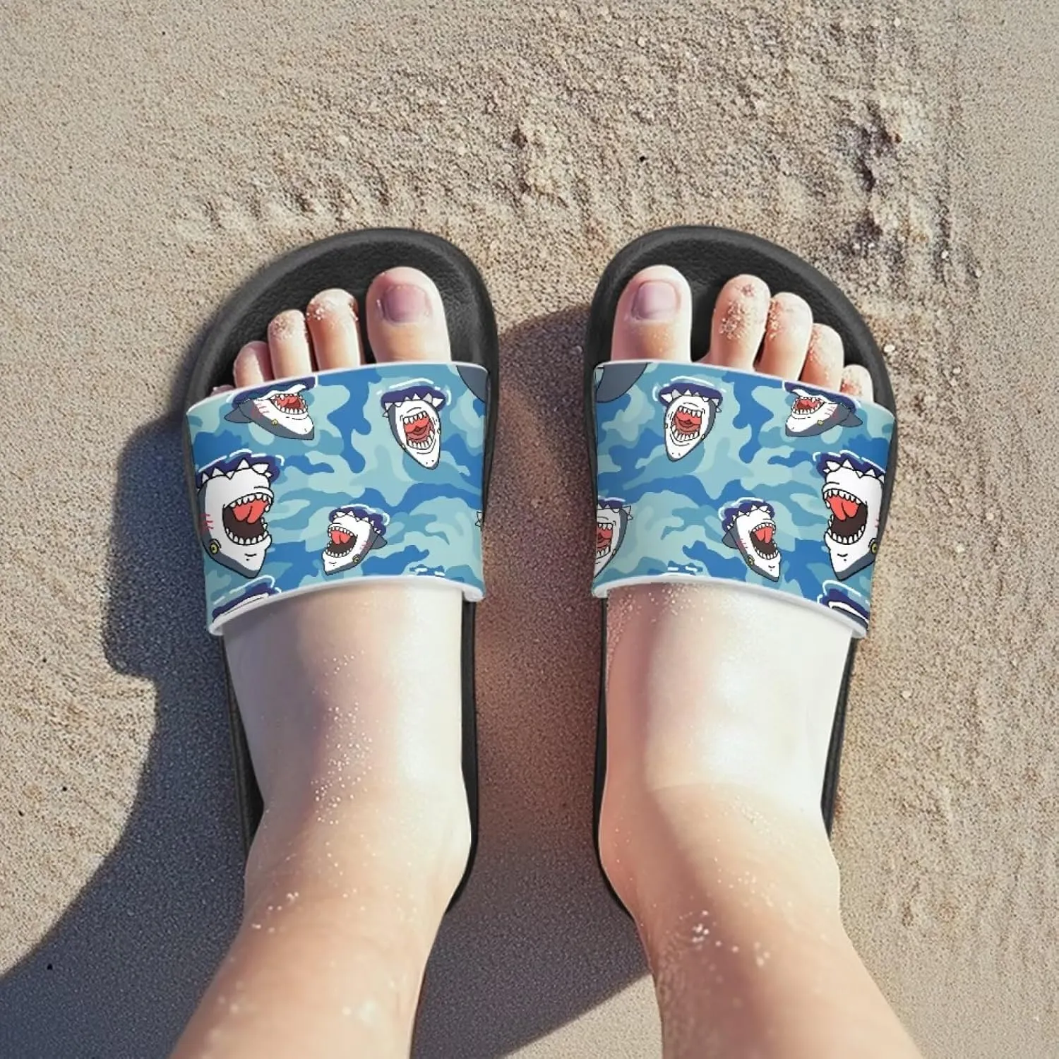Jeiento Cartoon Slides for Kids Age 4-8,Shark Slide Slippers Little Girl Beach Sandals Anti Slip Children Shower Shoes
