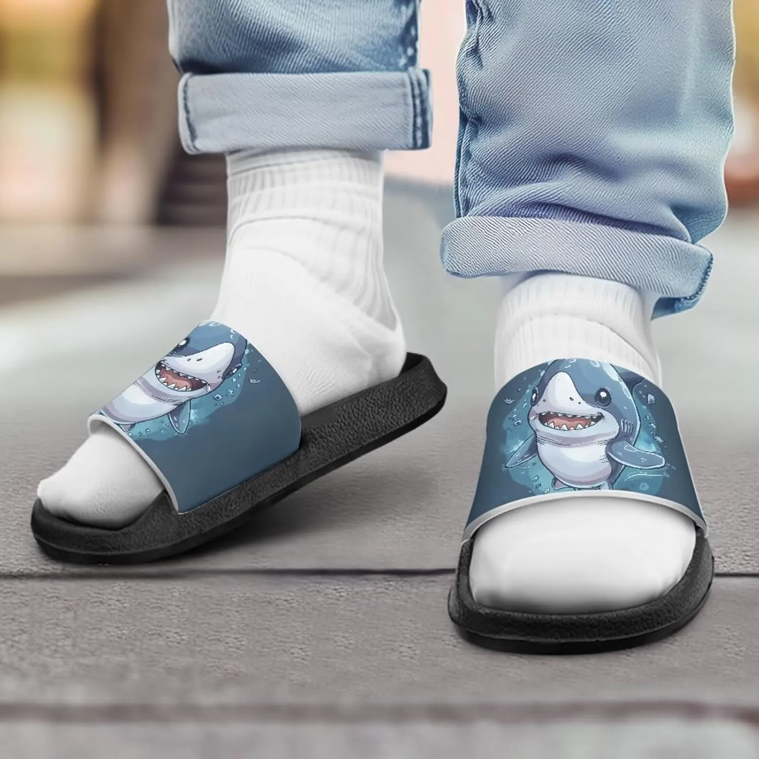 Jeiento Cartoon Slides for Kids Age 4-8,Shark Slide Slippers Little Girl Beach Sandals Anti Slip Children Shower Shoes