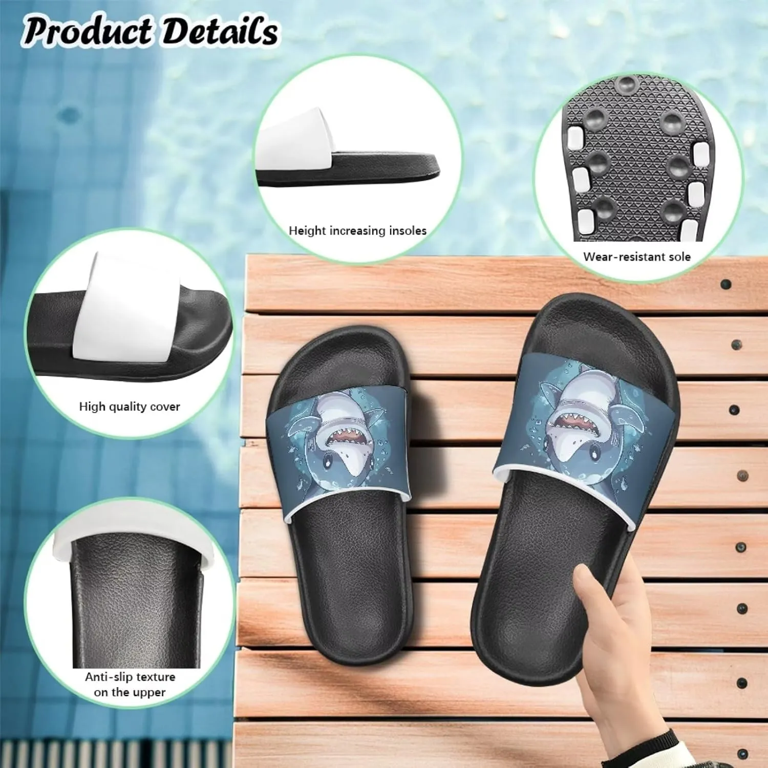 Jeiento Cartoon Slides for Kids Age 4-8,Shark Slide Slippers Little Girl Beach Sandals Anti Slip Children Shower Shoes
