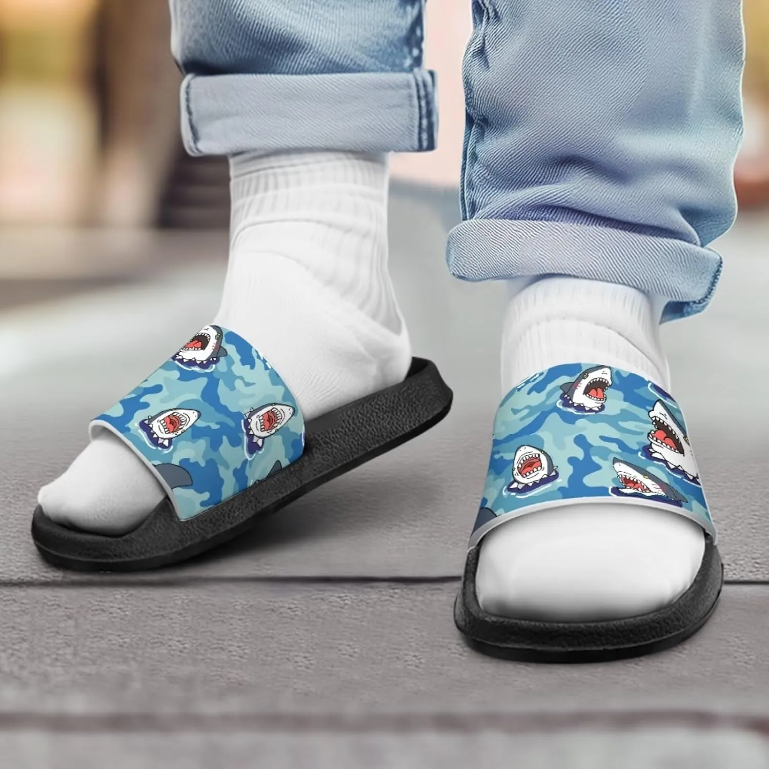 Jeiento Cartoon Slides for Kids Age 4-8,Shark Slide Slippers Little Girl Beach Sandals Anti Slip Children Shower Shoes