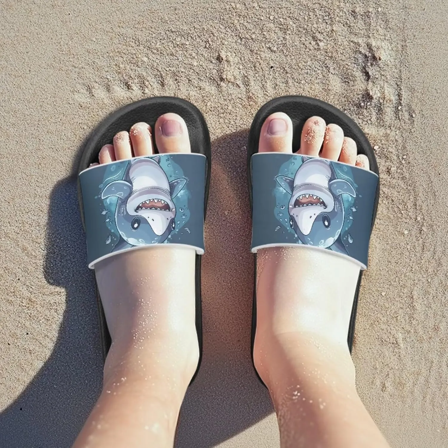 Jeiento Cartoon Slides for Kids Age 4-8,Shark Slide Slippers Little Girl Beach Sandals Anti Slip Children Shower Shoes