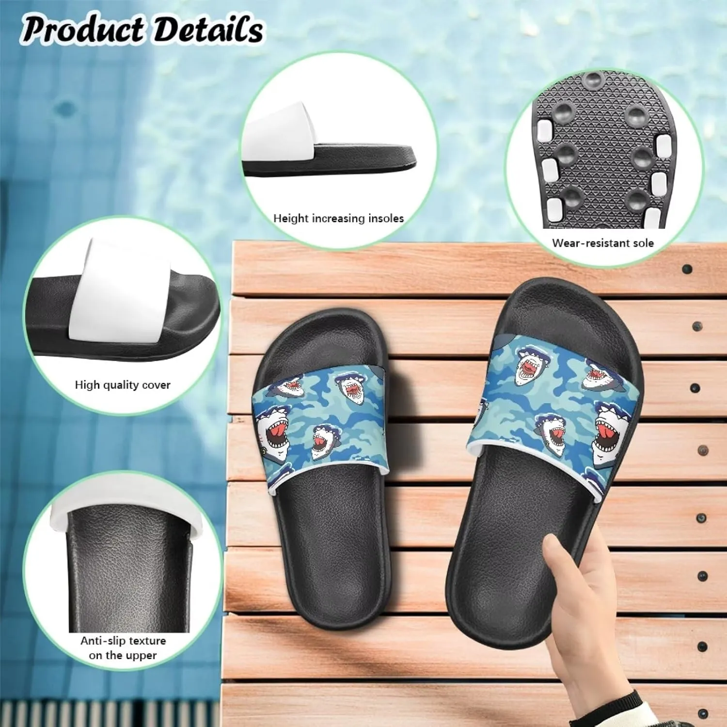 Jeiento Cartoon Slides for Kids Age 4-8,Shark Slide Slippers Little Girl Beach Sandals Anti Slip Children Shower Shoes