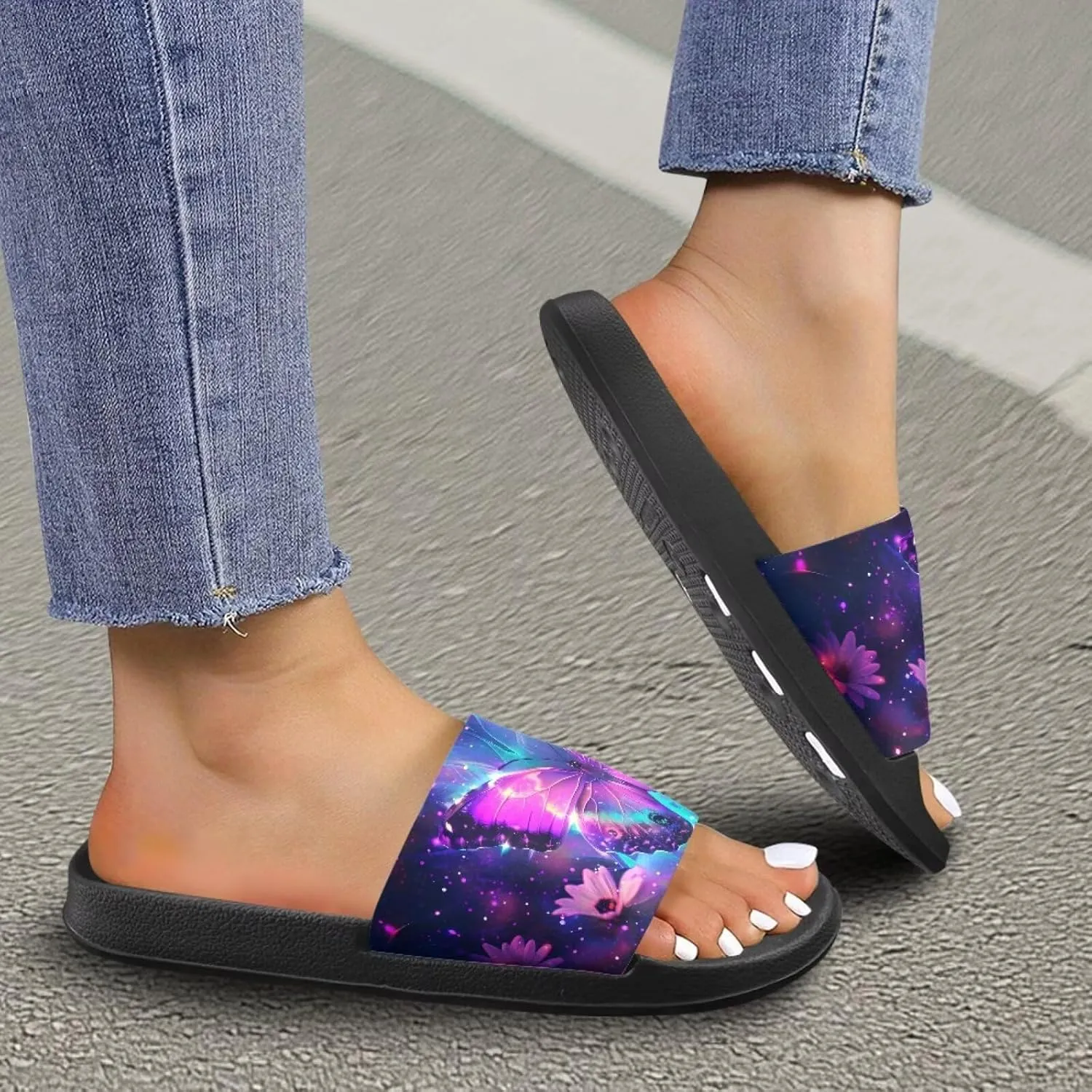 Jeiento Open Toe Slippers for Women Butterfly Slides Sandal Non Slip Rubber Sole Shower Shoes for Bathroom,Beach,Pool