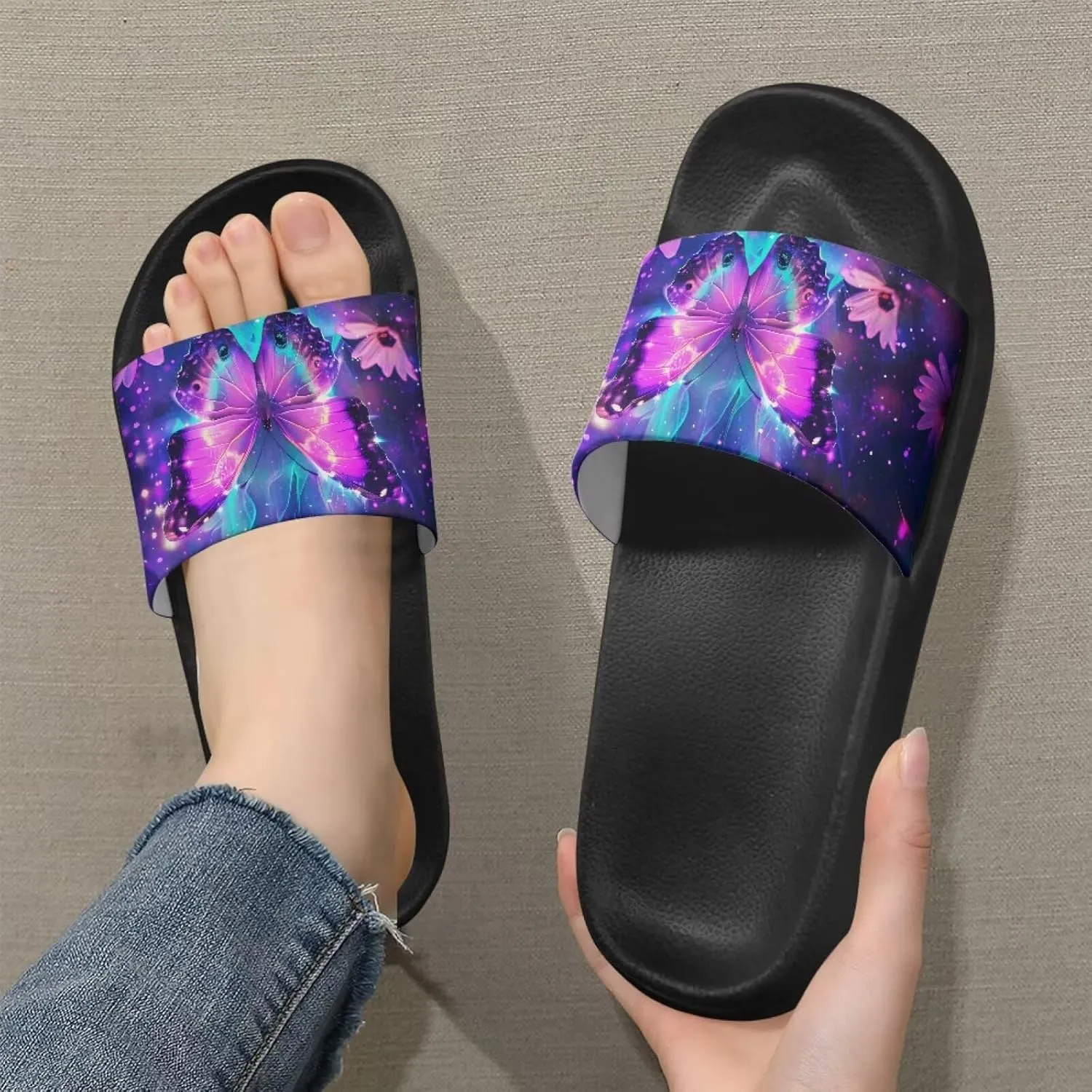 Jeiento Open Toe Slippers for Women Butterfly Slides Sandal Non Slip Rubber Sole Shower Shoes for Bathroom,Beach,Pool
