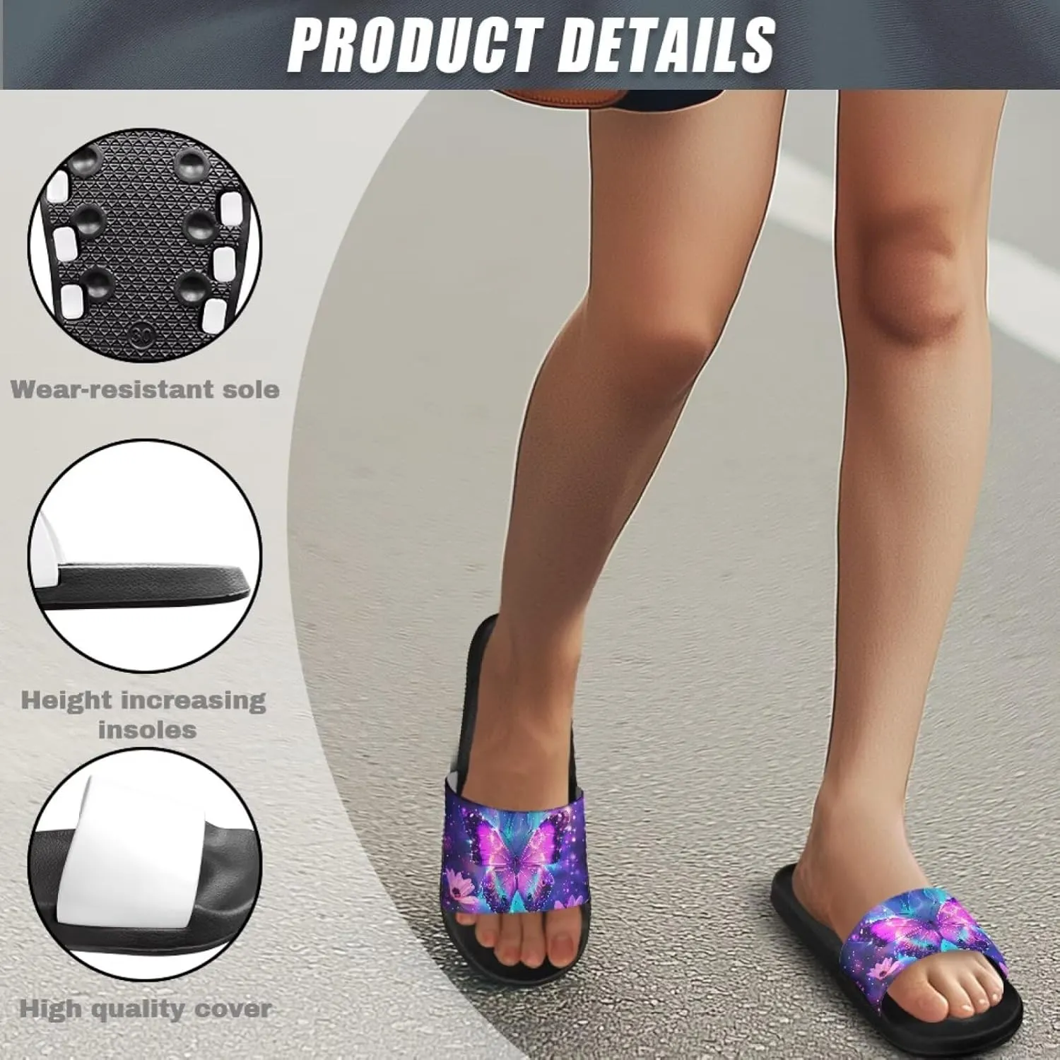 Jeiento Open Toe Slippers for Women Butterfly Slides Sandal Non Slip Rubber Sole Shower Shoes for Bathroom,Beach,Pool