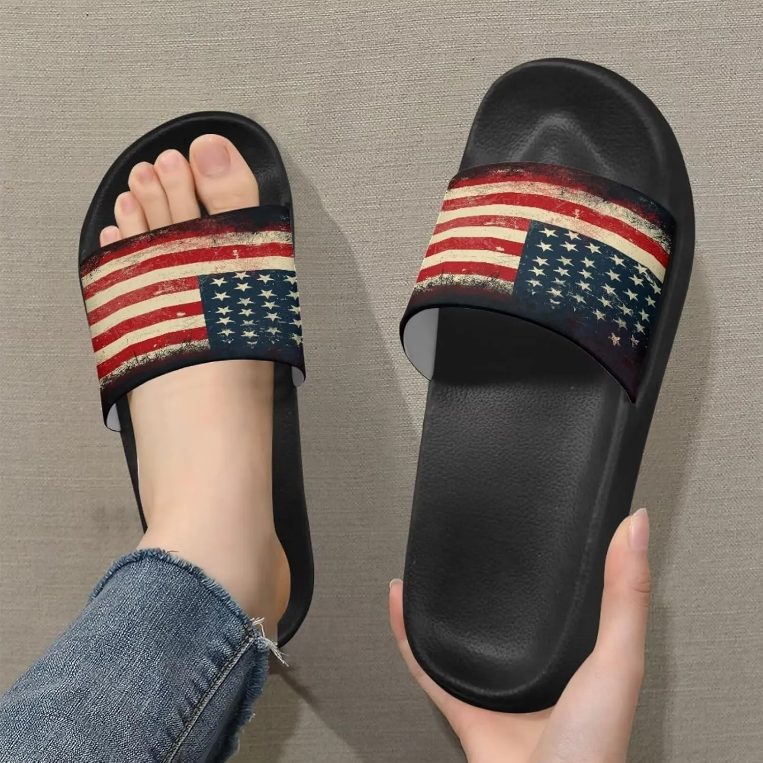 Jeiento Women Slide Sandals American Flag Slippers Holiday Shoes Non Slip Athletic Sandals Bathroom Beach Showe Shoes