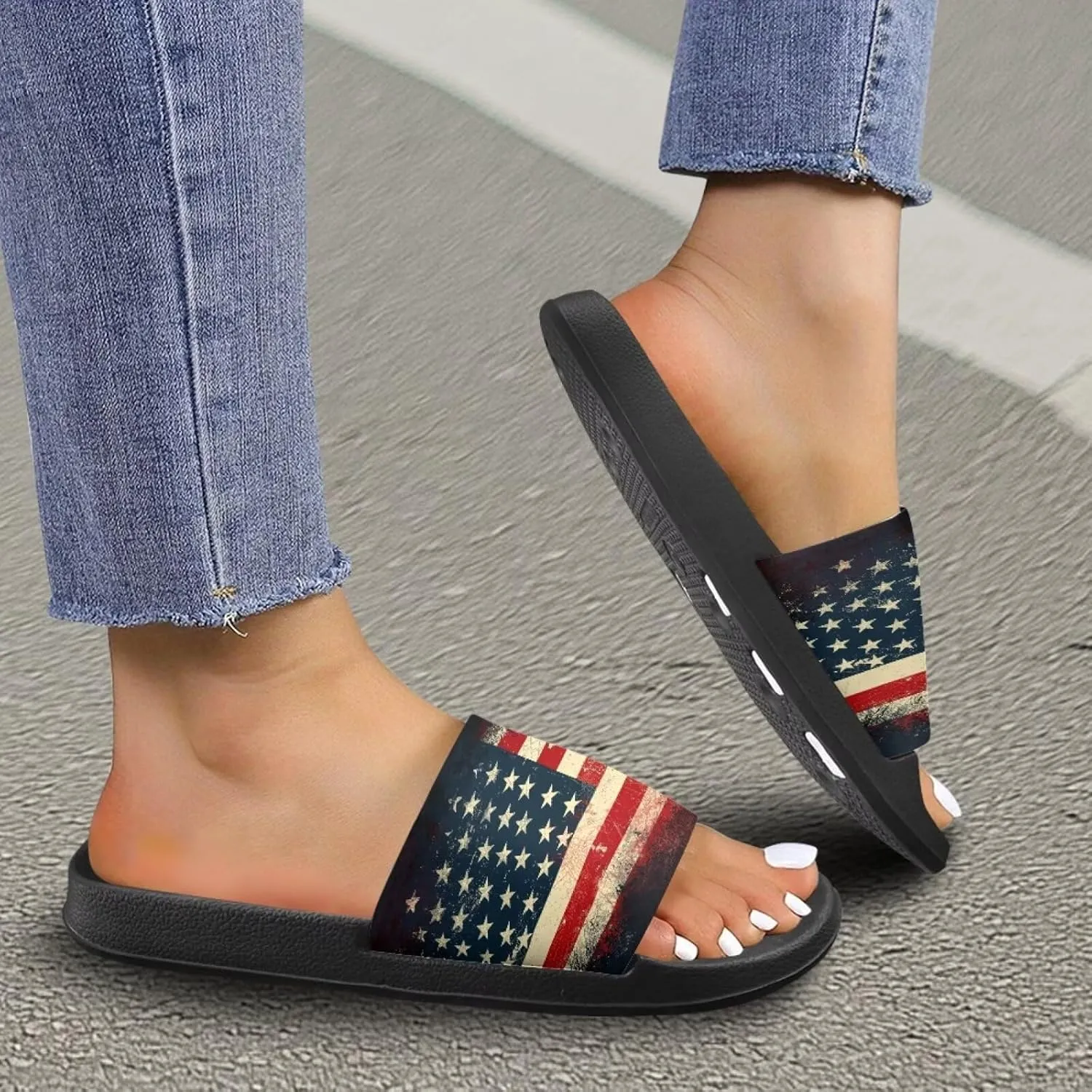 Jeiento Women Slide Sandals American Flag Slippers Holiday Shoes Non Slip Athletic Sandals Bathroom Beach Showe Shoes
