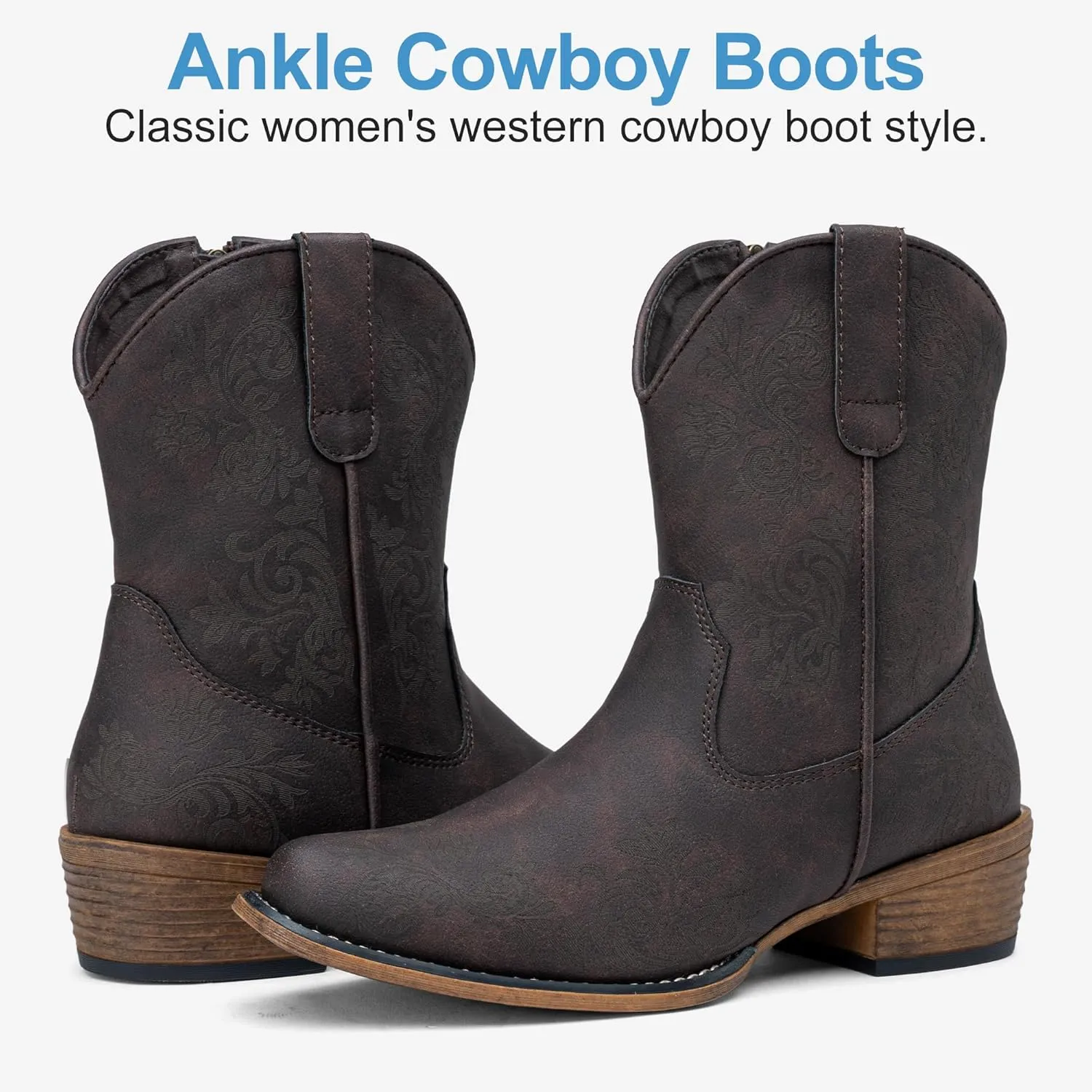 Jeossy Women's Cowboy Boots Short Cowgirl Ankle Boots Western 9805 Booties Square Toe with Zipper
