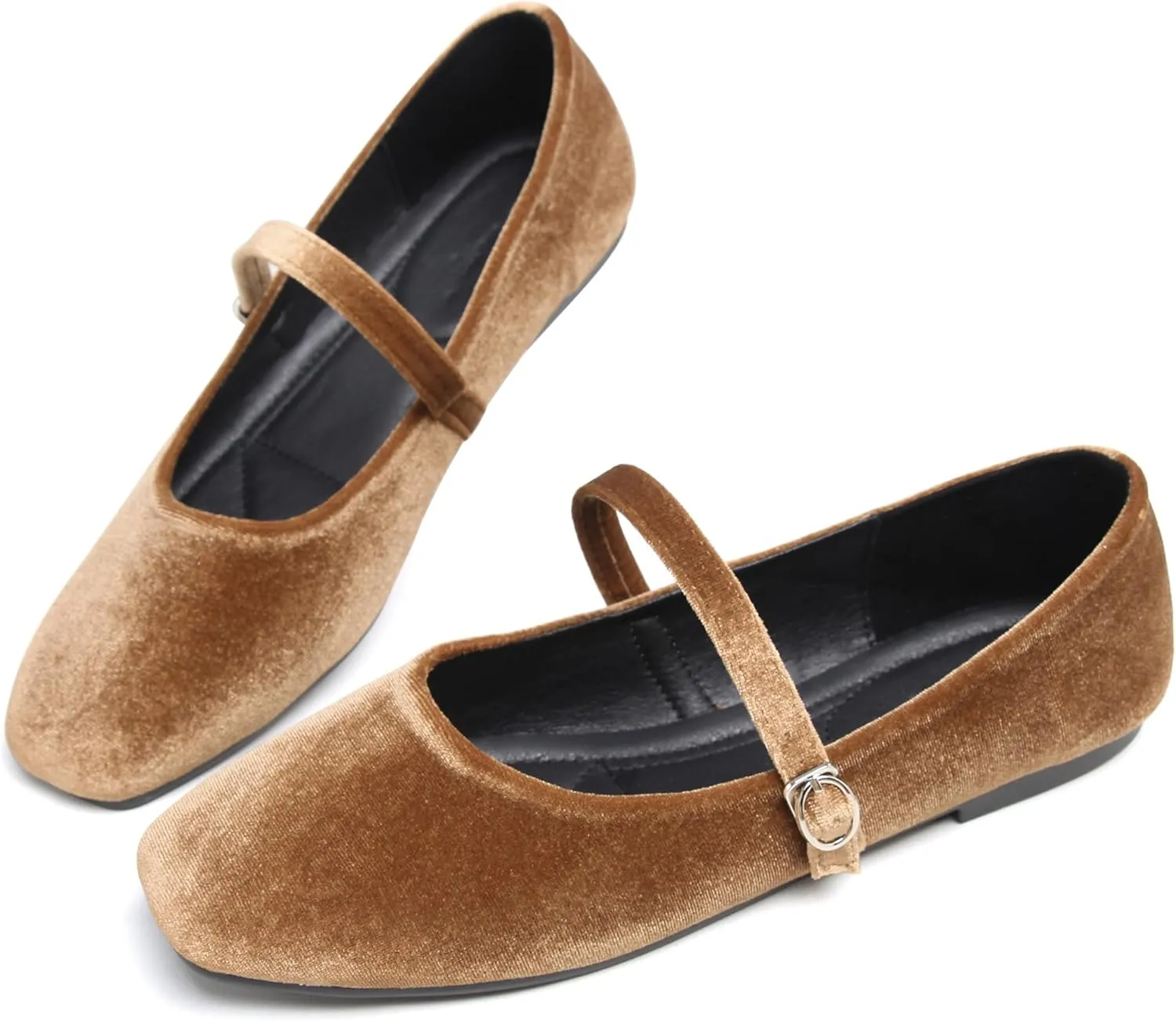 JiangWei Shu Women's Square Toe Ballets Comfortable Flats Soft Velvet Mary Jane Flats Casual Dressy Shoes