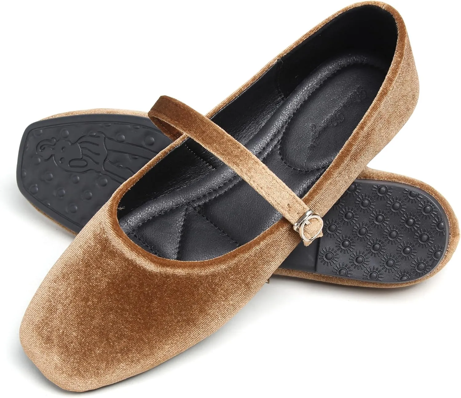 JiangWei Shu Women's Square Toe Ballets Comfortable Flats Soft Velvet Mary Jane Flats Casual Dressy Shoes