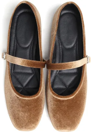 JiangWei Shu Women's Square Toe Ballets Comfortable Flats Soft Velvet Mary Jane Flats Casual Dressy Shoes
