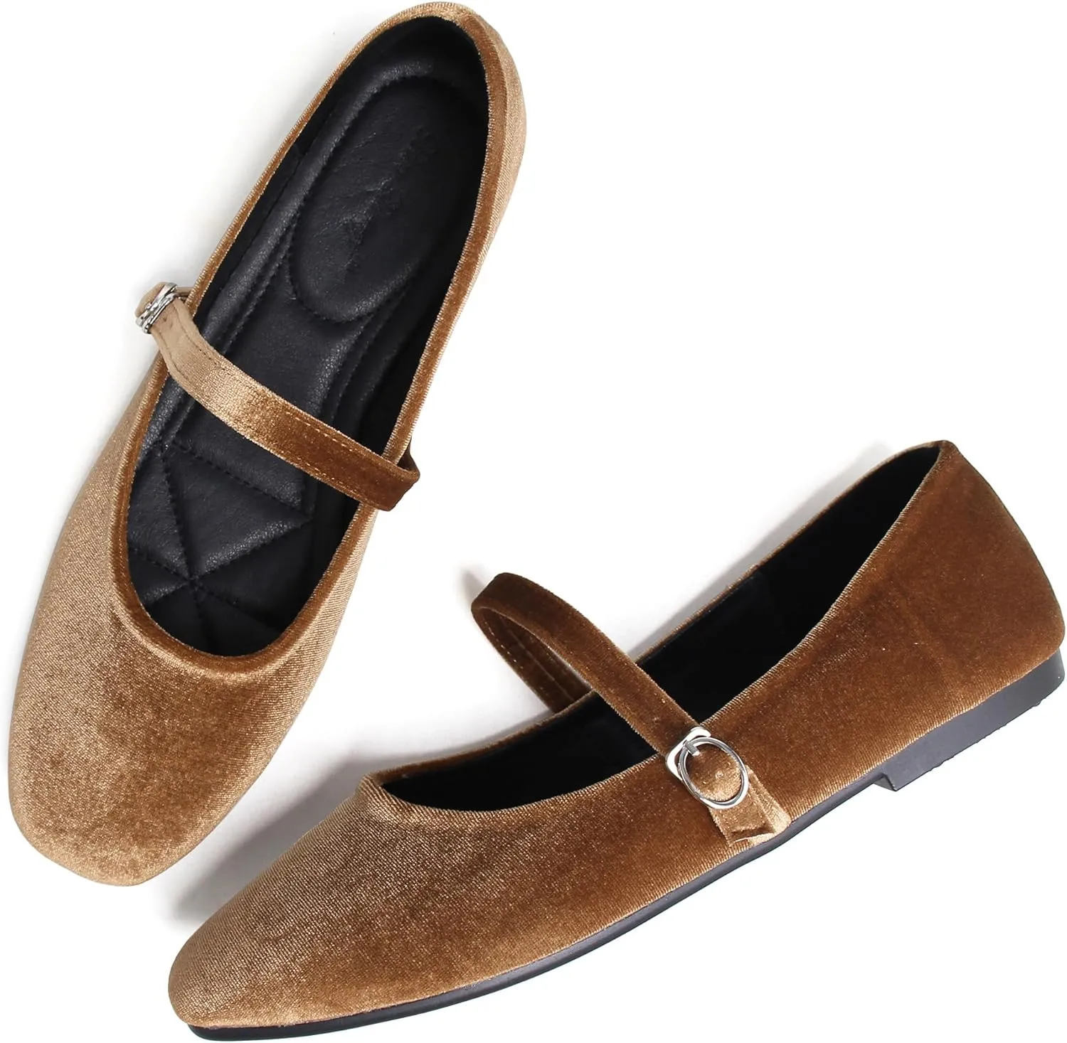 JiangWei Shu Women's Square Toe Ballets Comfortable Flats Soft Velvet Mary Jane Flats Casual Dressy Shoes