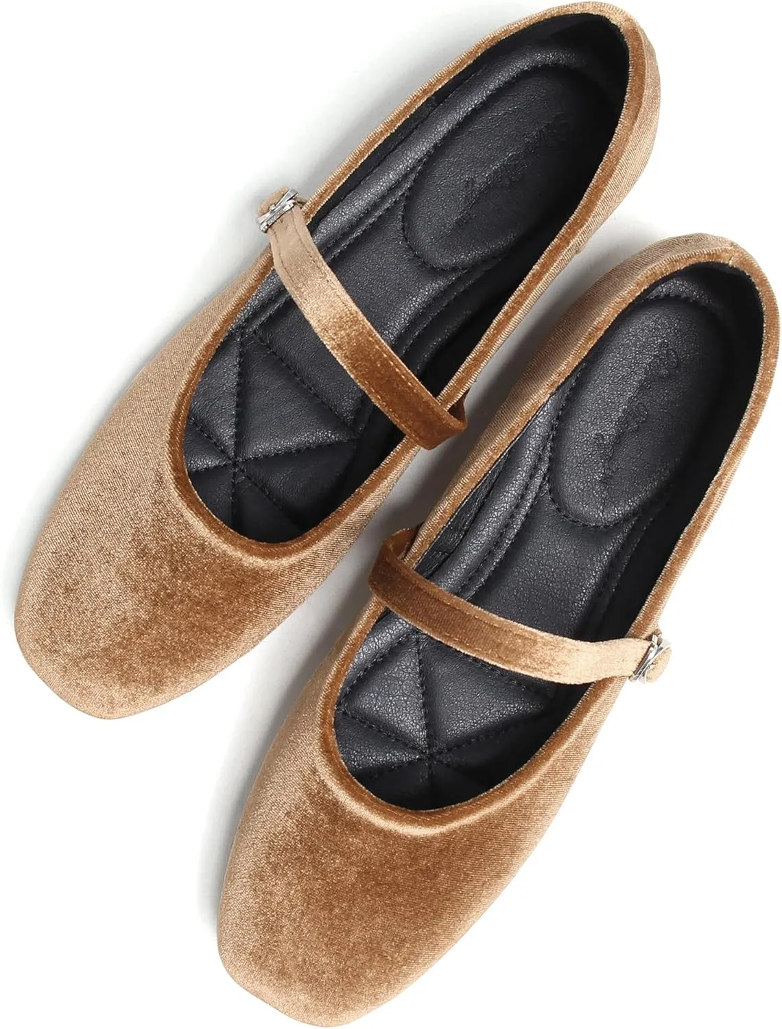 JiangWei Shu Women's Square Toe Ballets Comfortable Flats Soft Velvet Mary Jane Flats Casual Dressy Shoes
