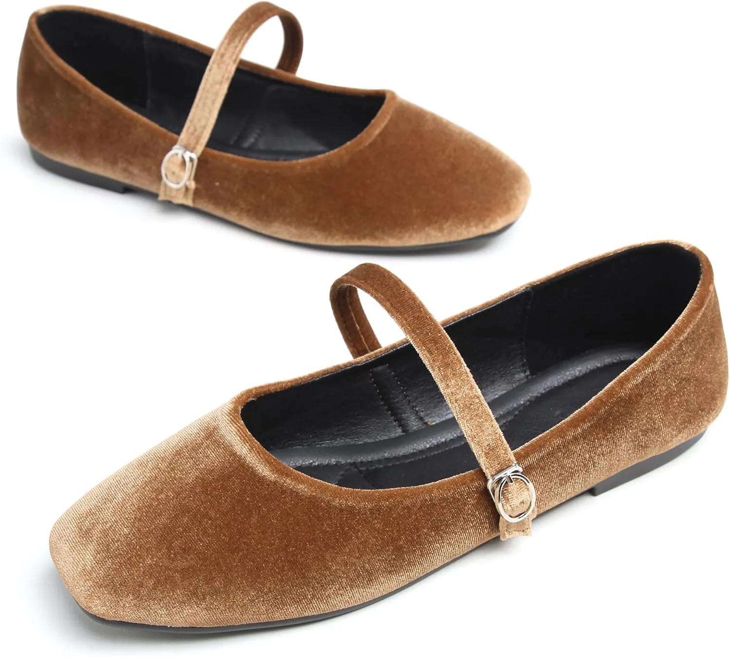 JiangWei Shu Women's Square Toe Ballets Comfortable Flats Soft Velvet Mary Jane Flats Casual Dressy Shoes