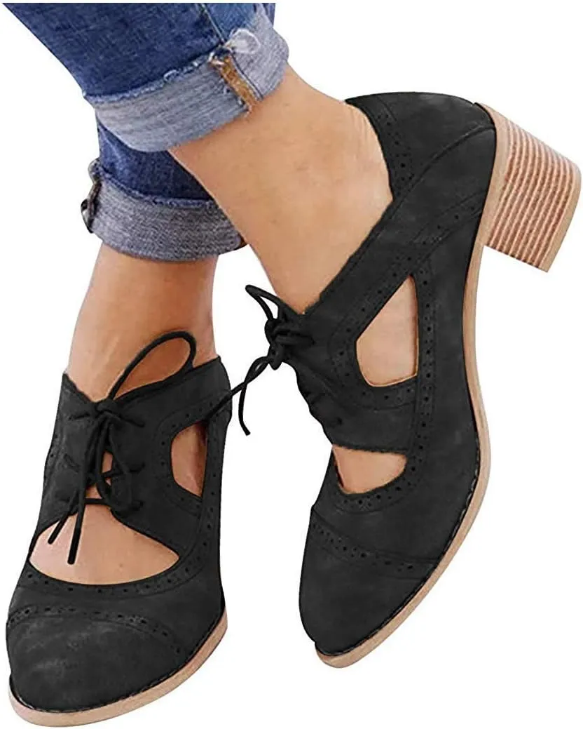 JITUUE Oxford Shoes for Women Chunky Heels Brogue Leather Saddle Dress Shoes Lace up Vintage Wingtip Ankle Boots