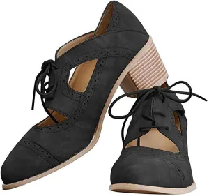 JITUUE Oxford Shoes for Women Chunky Heels Brogue Leather Saddle Dress Shoes Lace up Vintage Wingtip Ankle Boots