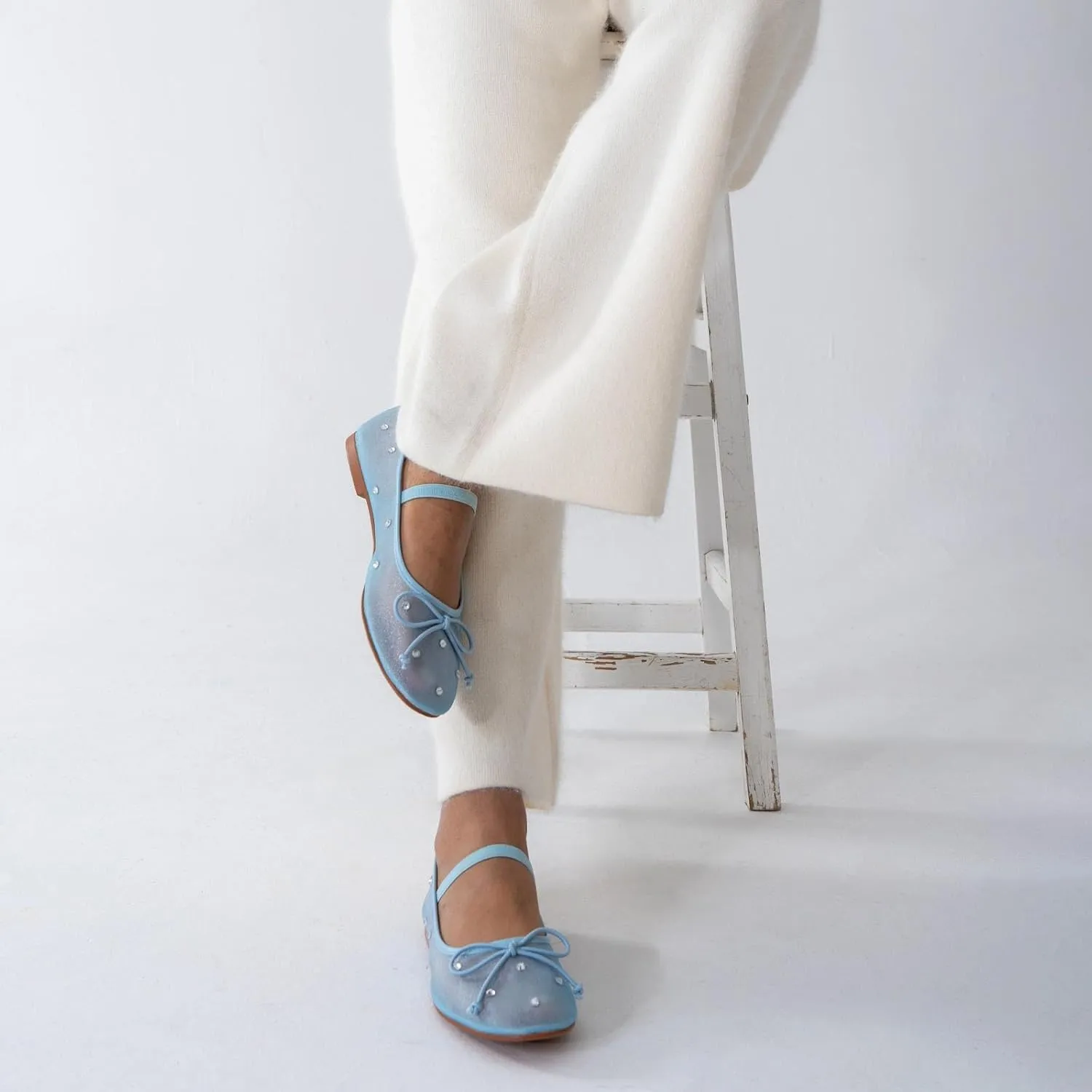 JORISTIMO Crystal Mesh Ballet Flats Stretch Band Snip Toe Ballerinas Flats Mary Jane