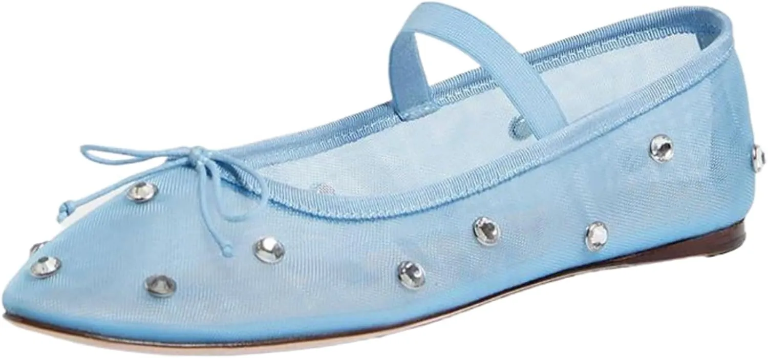 JORISTIMO Crystal Mesh Ballet Flats Stretch Band Snip Toe Ballerinas Flats Mary Jane
