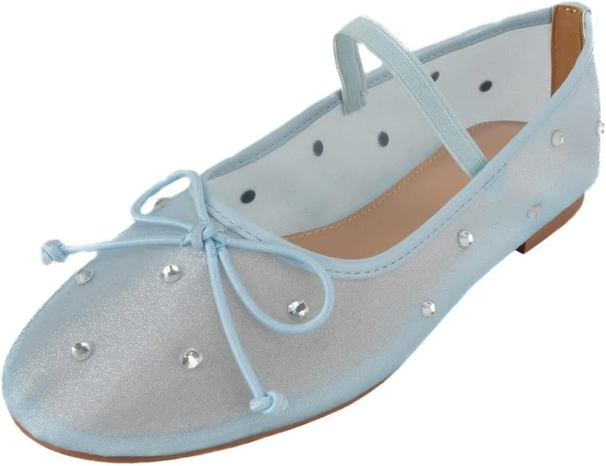 JORISTIMO Crystal Mesh Ballet Flats Stretch Band Snip Toe Ballerinas Flats Mary Jane