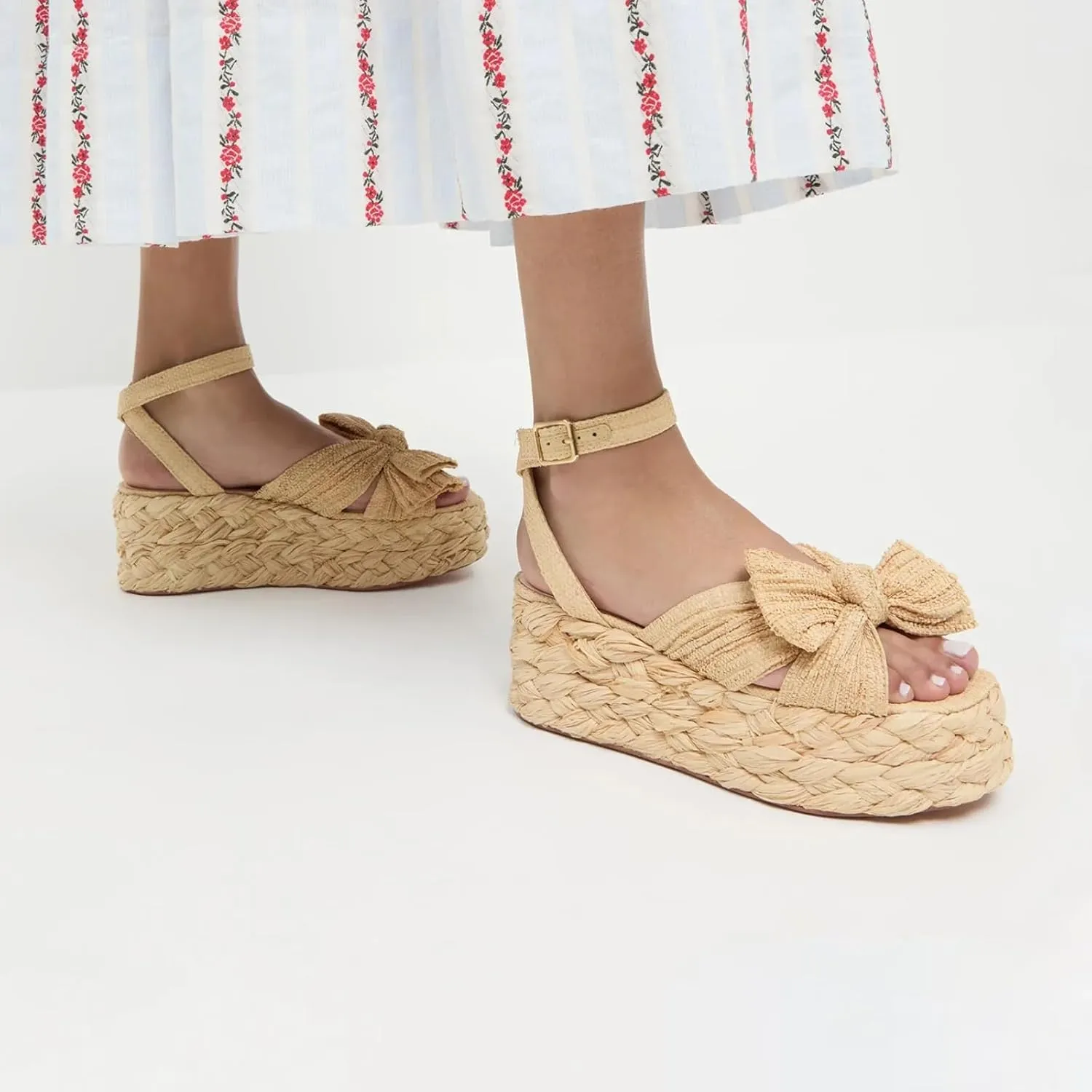 JORISTIMO Women's Raffia Platform Sandals Bow Ankle Strappy Espadrille Wedges Sandal Open Square Toe Straw Shoes Summer Beach