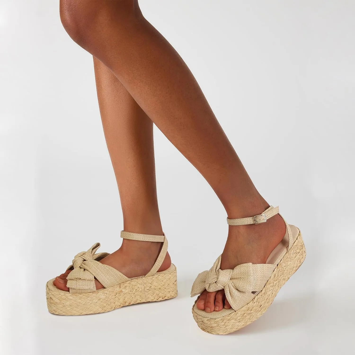 JORISTIMO Women's Raffia Platform Sandals Bow Ankle Strappy Espadrille Wedges Sandal Open Square Toe Straw Shoes Summer Beach