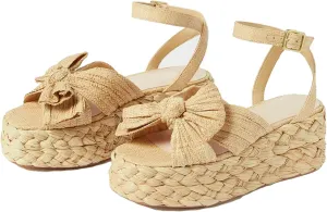JORISTIMO Women's Raffia Platform Sandals Bow Ankle Strappy Espadrille Wedges Sandal Open Square Toe Straw Shoes Summer Beach