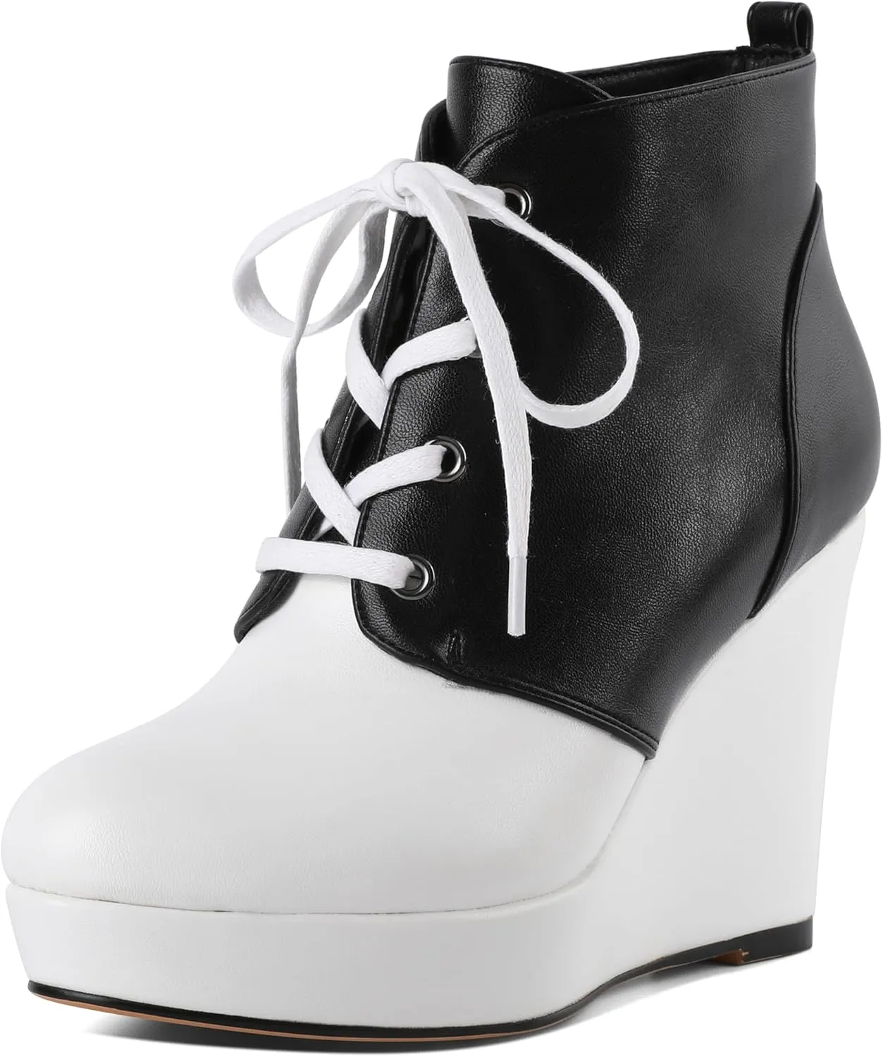 Joseywade Wedge Heels Ankle Boots for Women Platform Boots Round Toe Short Booties Lace-up 4 Inch