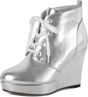 Joseywade Wedge Heels Ankle Boots for Women Platform Boots Round Toe Short Booties Lace-up 4 Inch