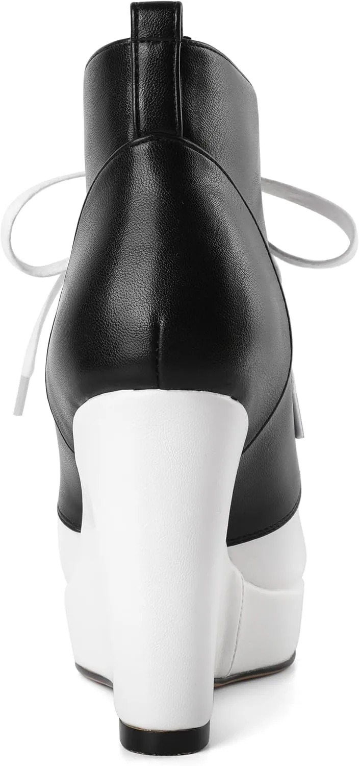 Joseywade Wedge Heels Ankle Boots for Women Platform Boots Round Toe Short Booties Lace-up 4 Inch