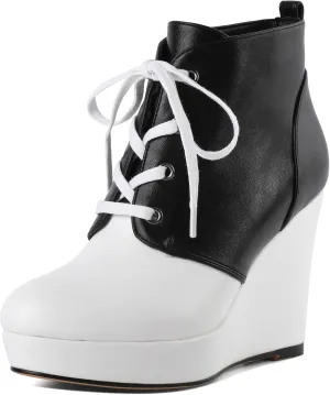Joseywade Wedge Heels Ankle Boots for Women Platform Boots Round Toe Short Booties Lace-up 4 Inch