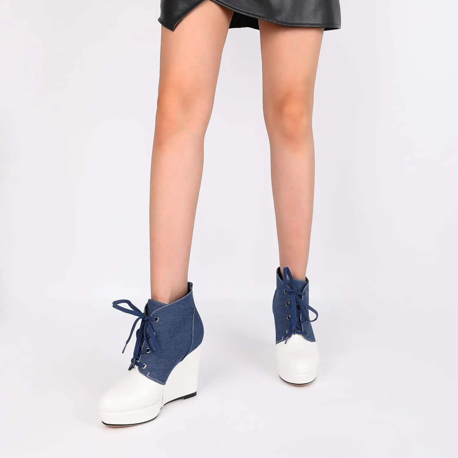 Joseywade Wedge Heels Ankle Boots for Women Platform Boots Round Toe Short Booties Lace-up 4 Inch