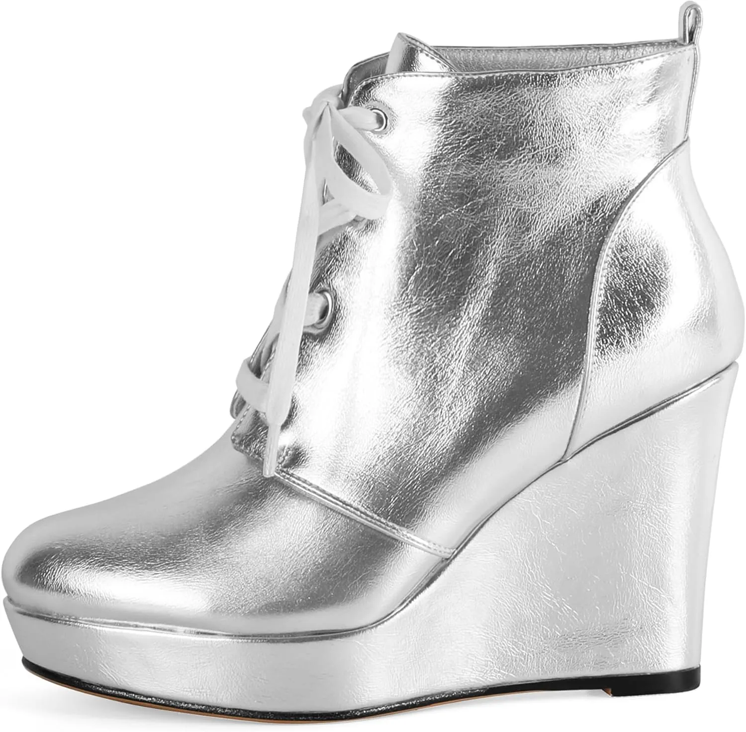 Joseywade Wedge Heels Ankle Boots for Women Platform Boots Round Toe Short Booties Lace-up 4 Inch