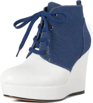Joseywade Wedge Heels Ankle Boots for Women Platform Boots Round Toe Short Booties Lace-up 4 Inch