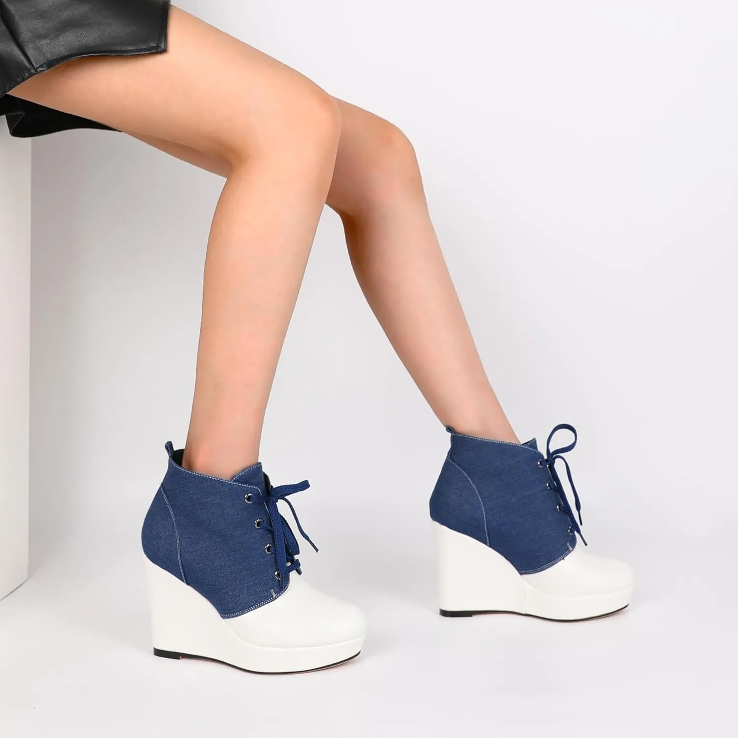 Joseywade Wedge Heels Ankle Boots for Women Platform Boots Round Toe Short Booties Lace-up 4 Inch
