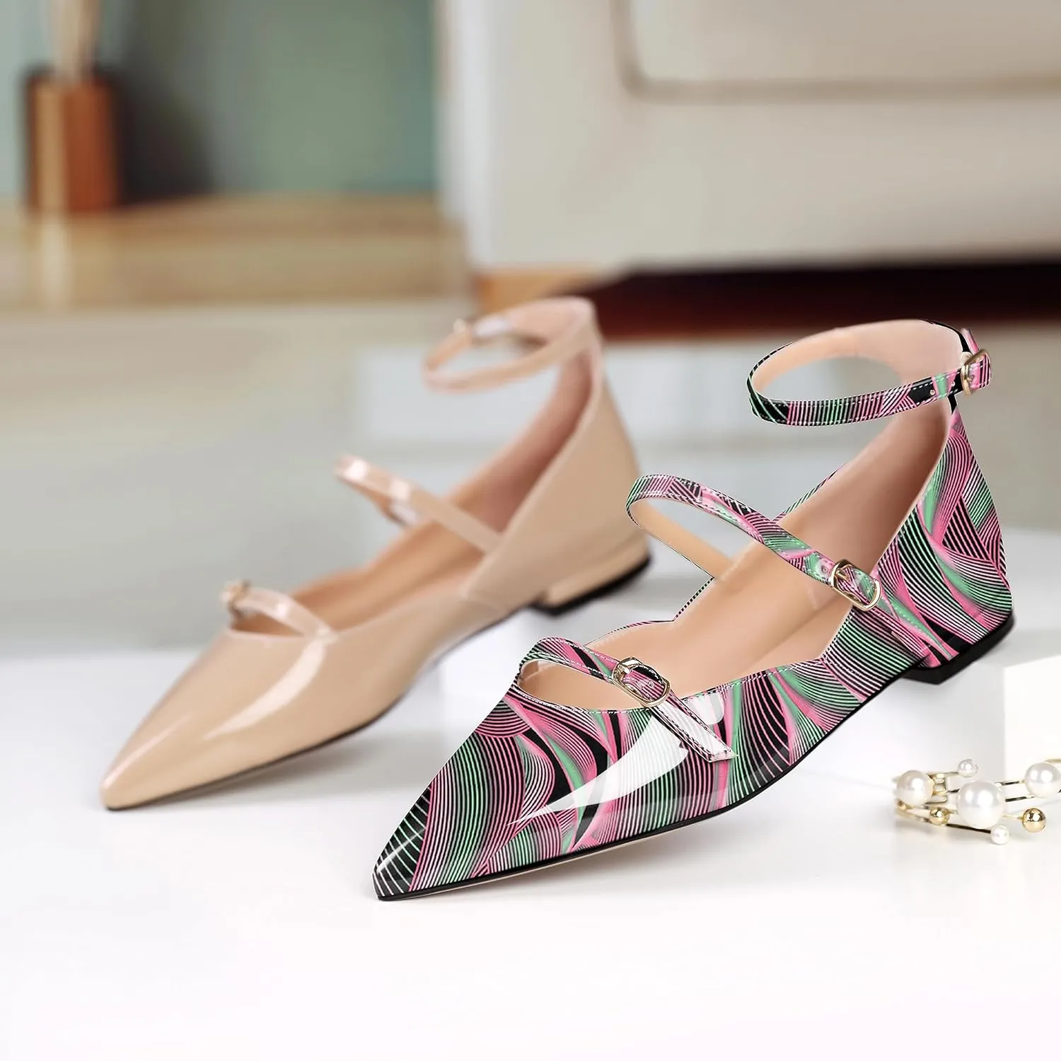 Joseywade Women's Ballet Flat Shoes Ankle Strap Mary Jane Flats Pointed Toe Ballerina Walking Flats Cute Casual Low Comfort Soft Dress Shoes
