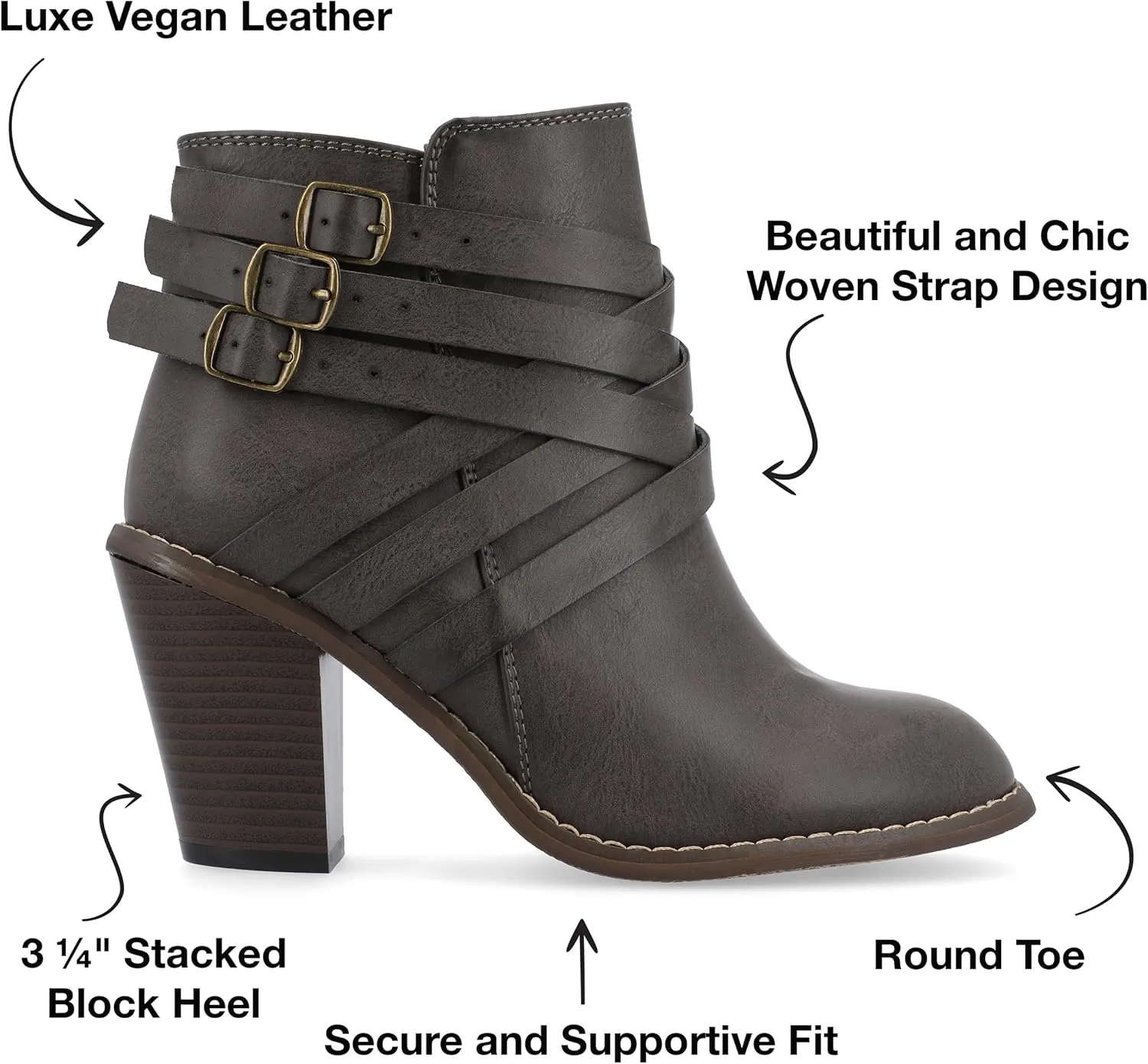 Journee Womens Strap Wide Width Inside Zip Stacked Heel Booties