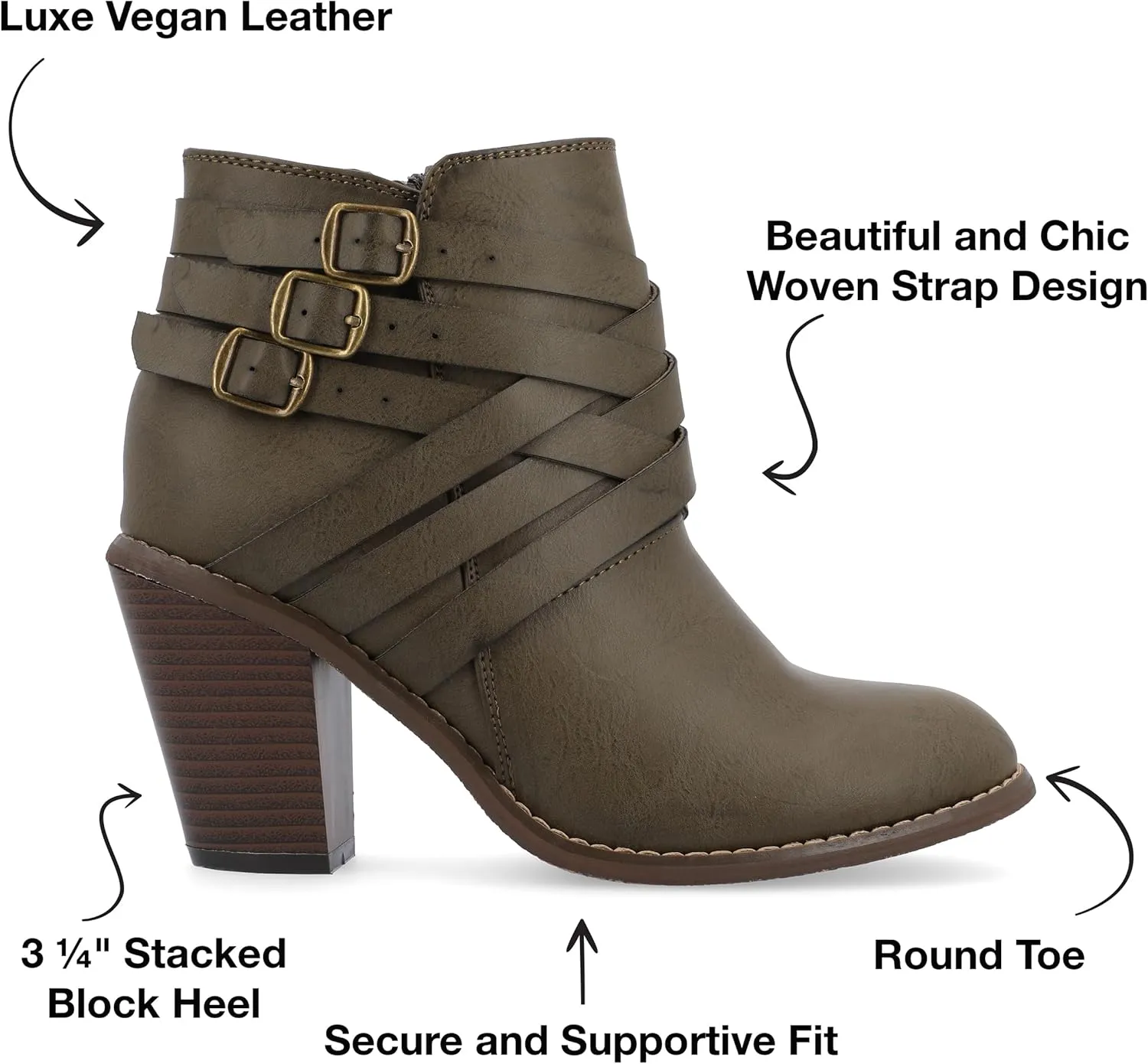 Journee Womens Strap Wide Width Inside Zip Stacked Heel Booties