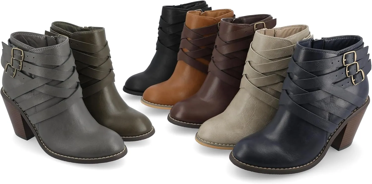 Journee Womens Strap Wide Width Inside Zip Stacked Heel Booties
