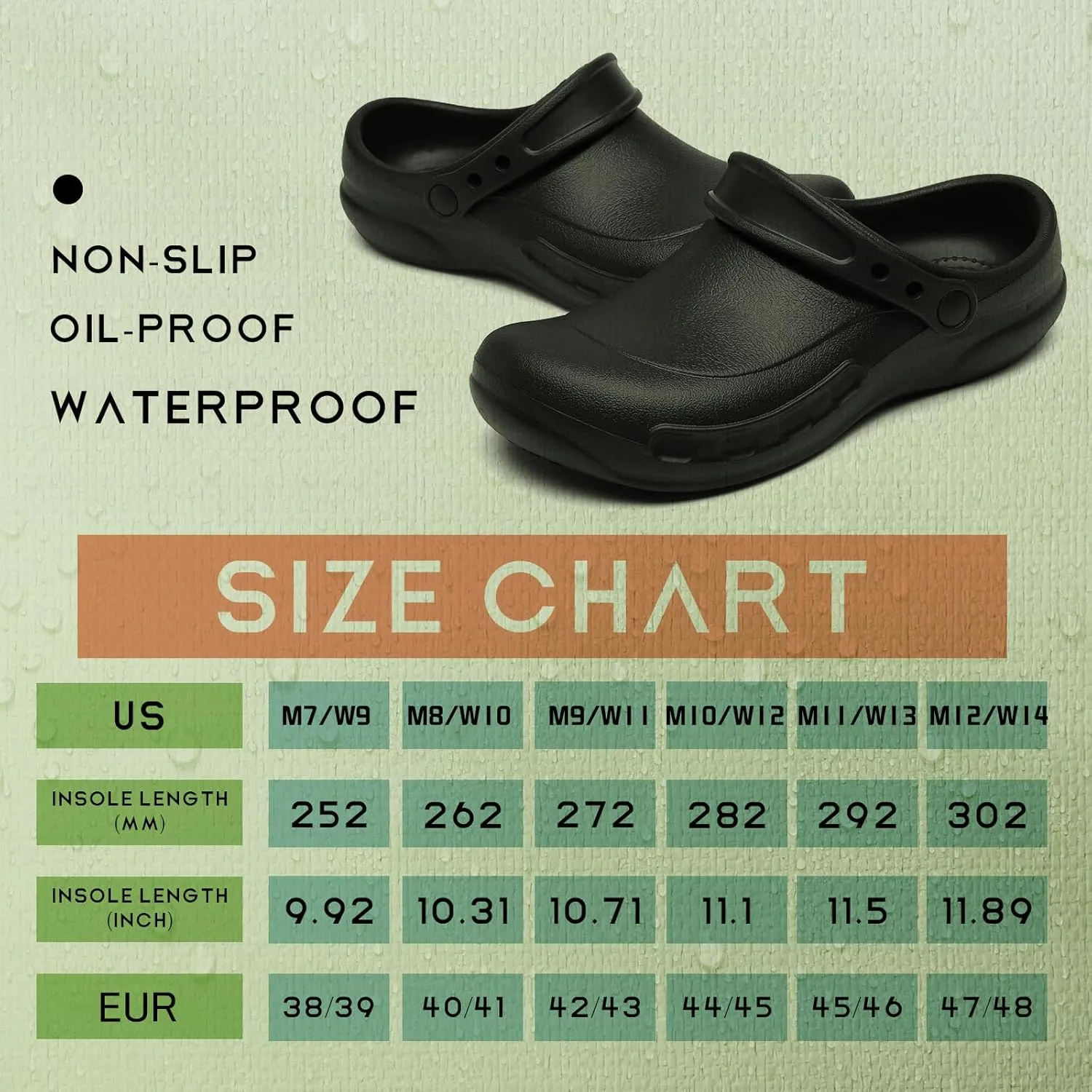 JSWEI Chef Shoes Clogs Men Non Slip Oil Waterproof Resistant Kitchen Work Safety Crews Nurse Garden Clog Indoor and Outdoor Slippers Office Hospital Nursing Professional Seaside Work Shoe（Black）