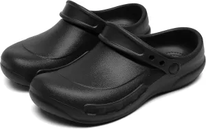 JSWEI Chef Shoes Clogs Men Non Slip Oil Waterproof Resistant Kitchen Work Safety Crews Nurse Garden Clog Indoor and Outdoor Slippers Office Hospital Nursing Professional Seaside Work Shoe（Black）