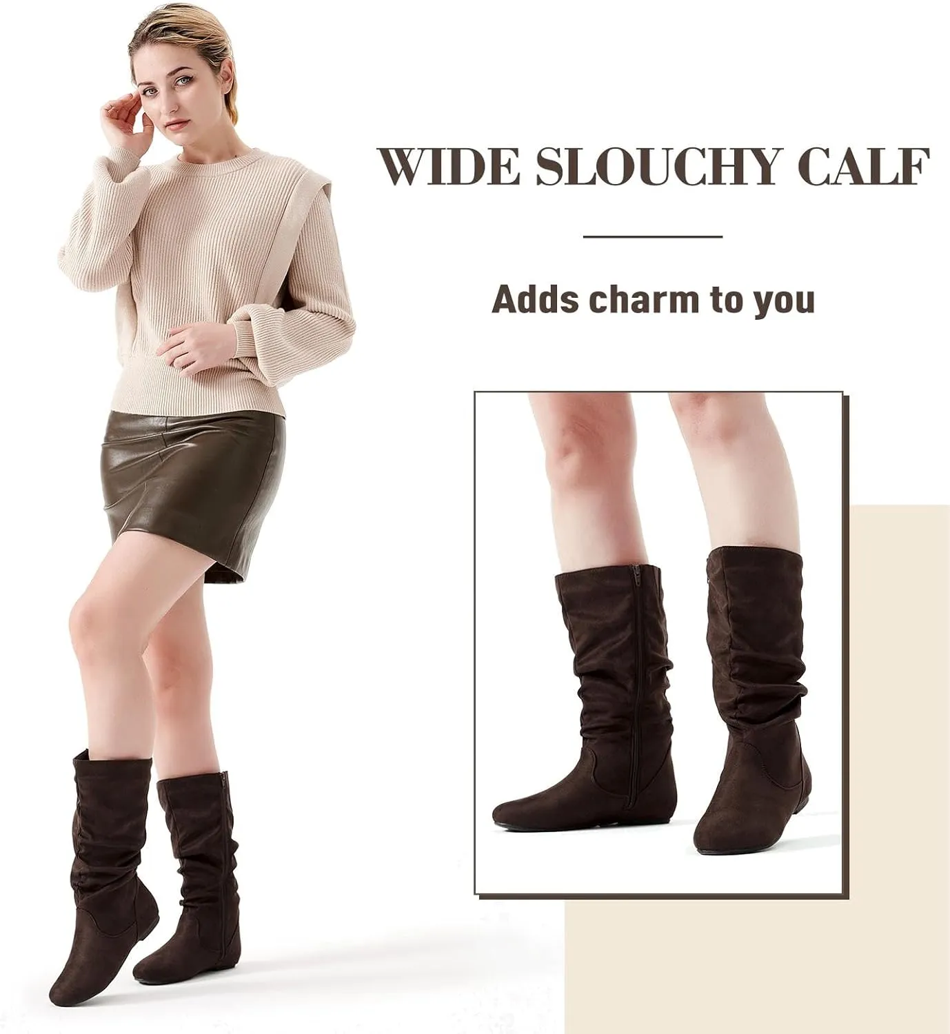katliu Women's Slouchy Mid Calf Boots Zip up Flat Boots